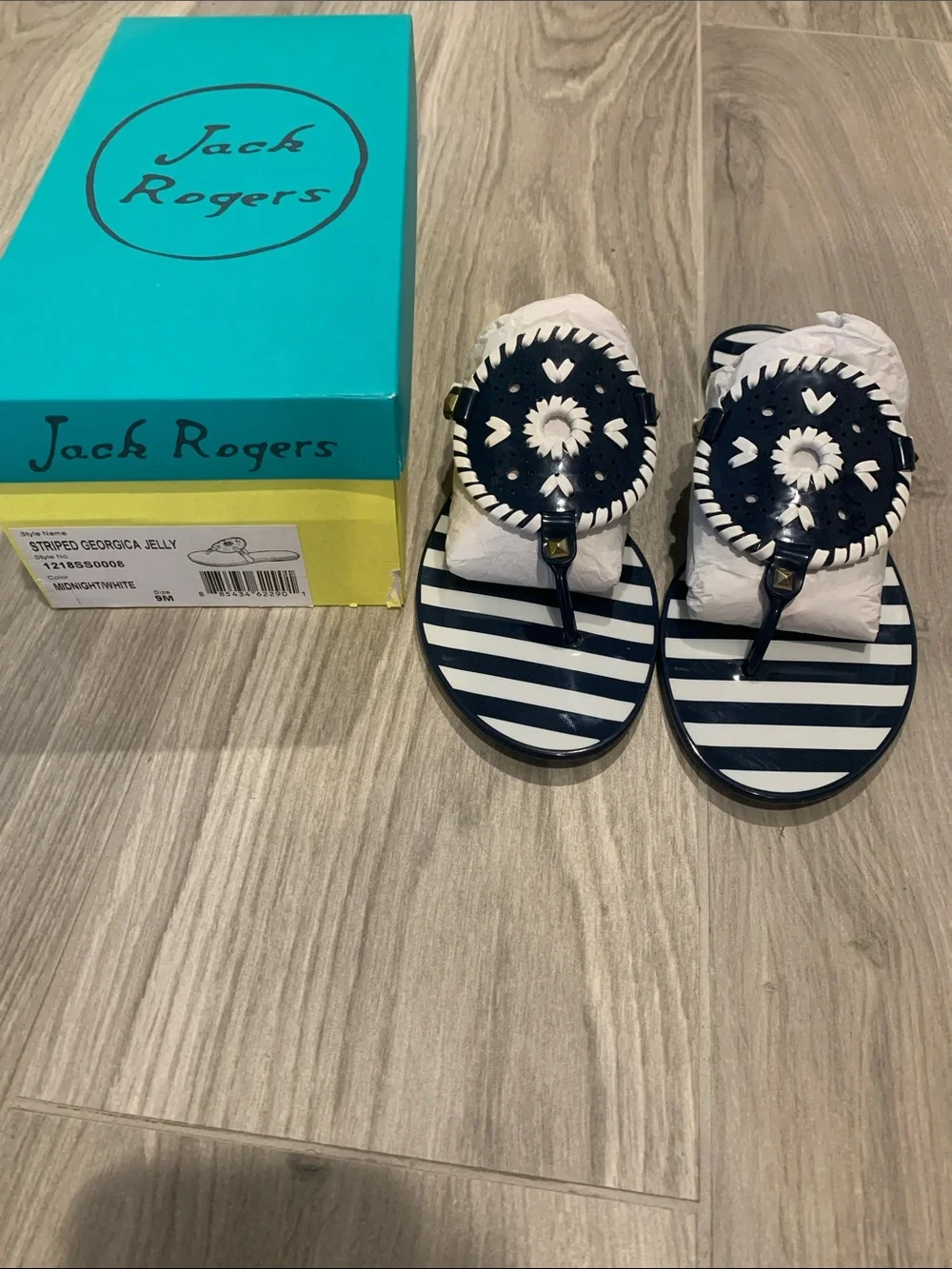Jack Rogers Navy & White Striped Jelly Sandals with Braided Medallion